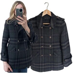 Zara Plaid Wool Blend Double Breasted Military Utility Blue Grey Jacket Coat